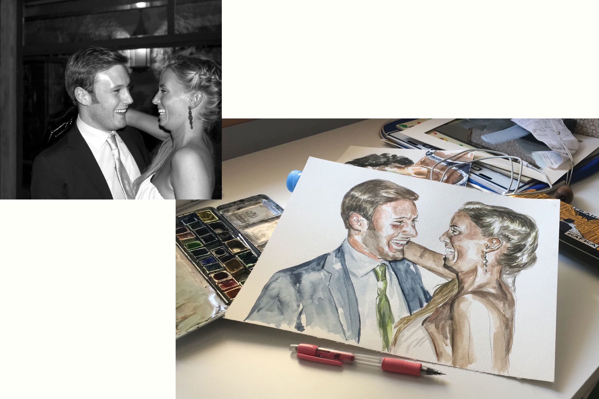 retrato en acuarela para invitaciones de boda