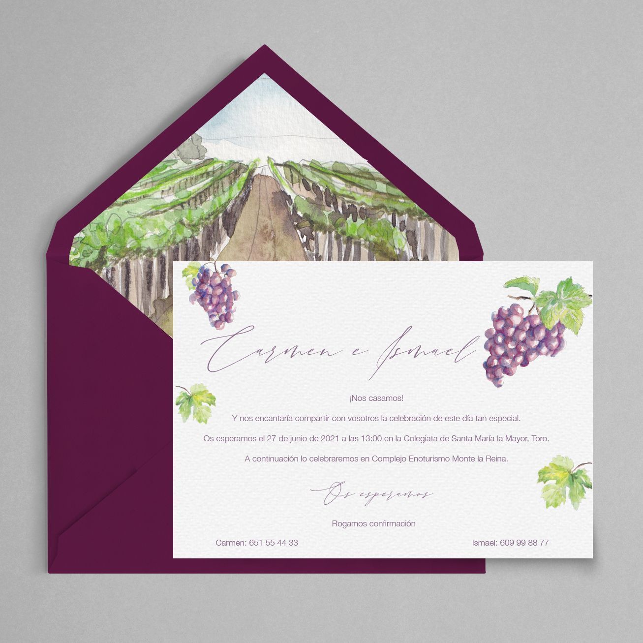 invitacion de boda con acuarela de uvas y viñedo