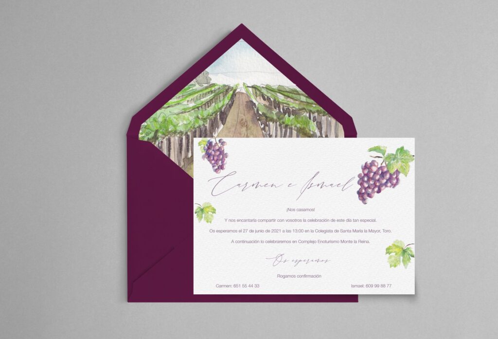 invitacion de boda con acuarela de uvas y viñedo