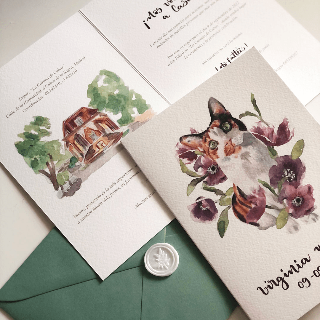 invitación personalizada gata mascota floral
